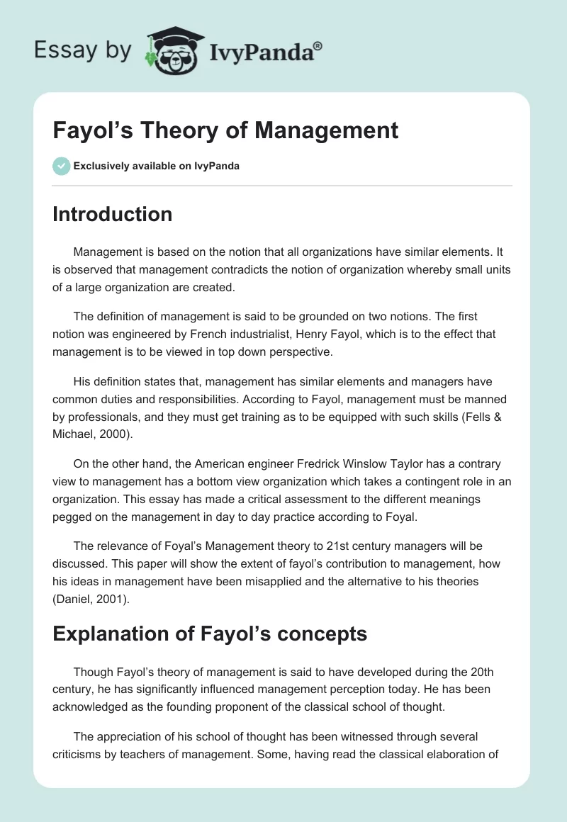 Fayol’s Theory of Management. Page 1