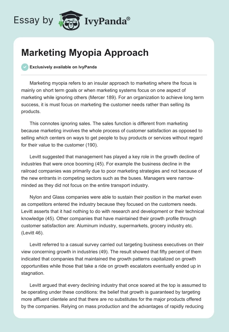 Marketing Myopia Approach. Page 1
