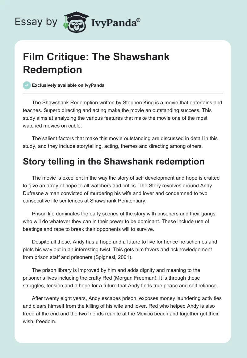 Film Critique: The Shawshank Redemption. Page 1