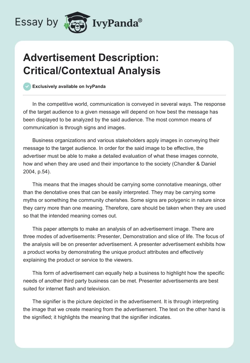 Advertisement Description: Critical/Contextual Analysis. Page 1