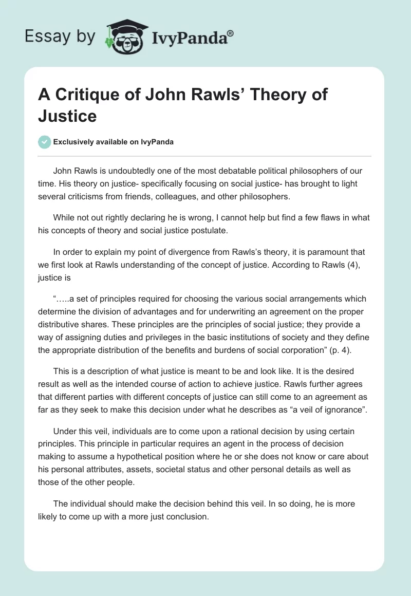A Critique of John Rawls’ Theory of Justice. Page 1