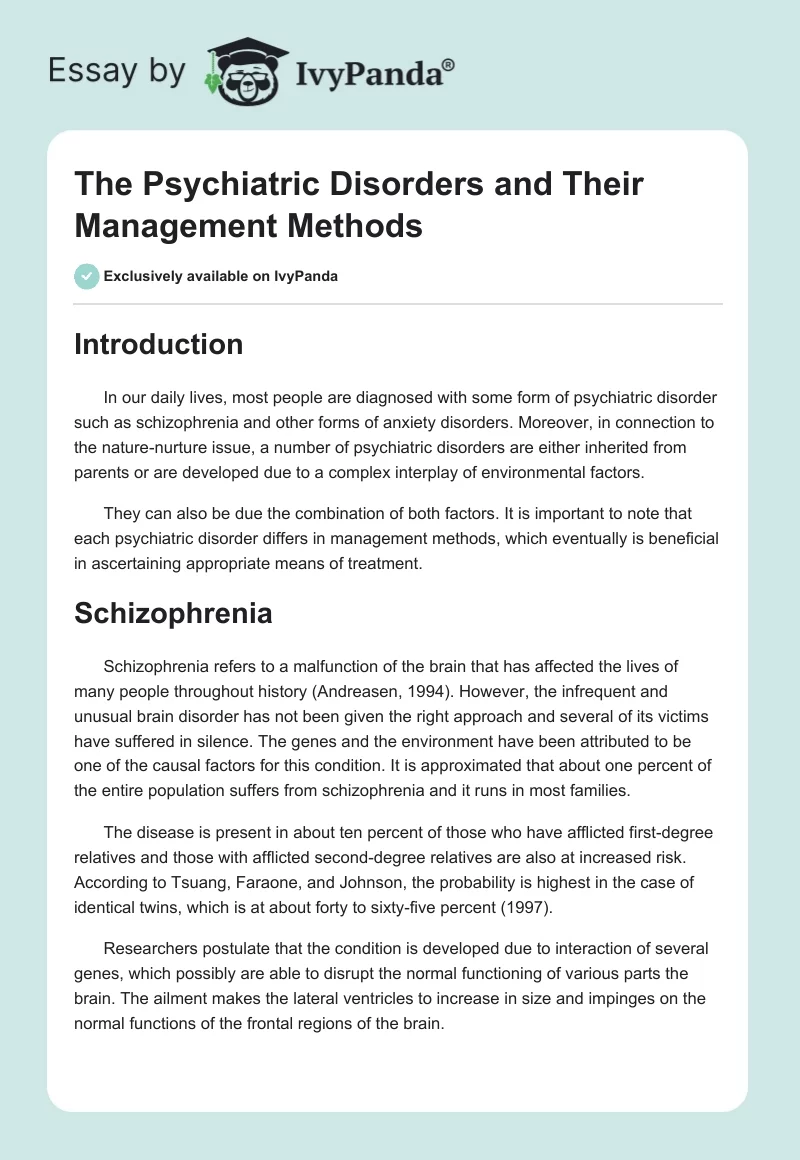 The Psychiatric Disorders and Their Management Methods. Page 1