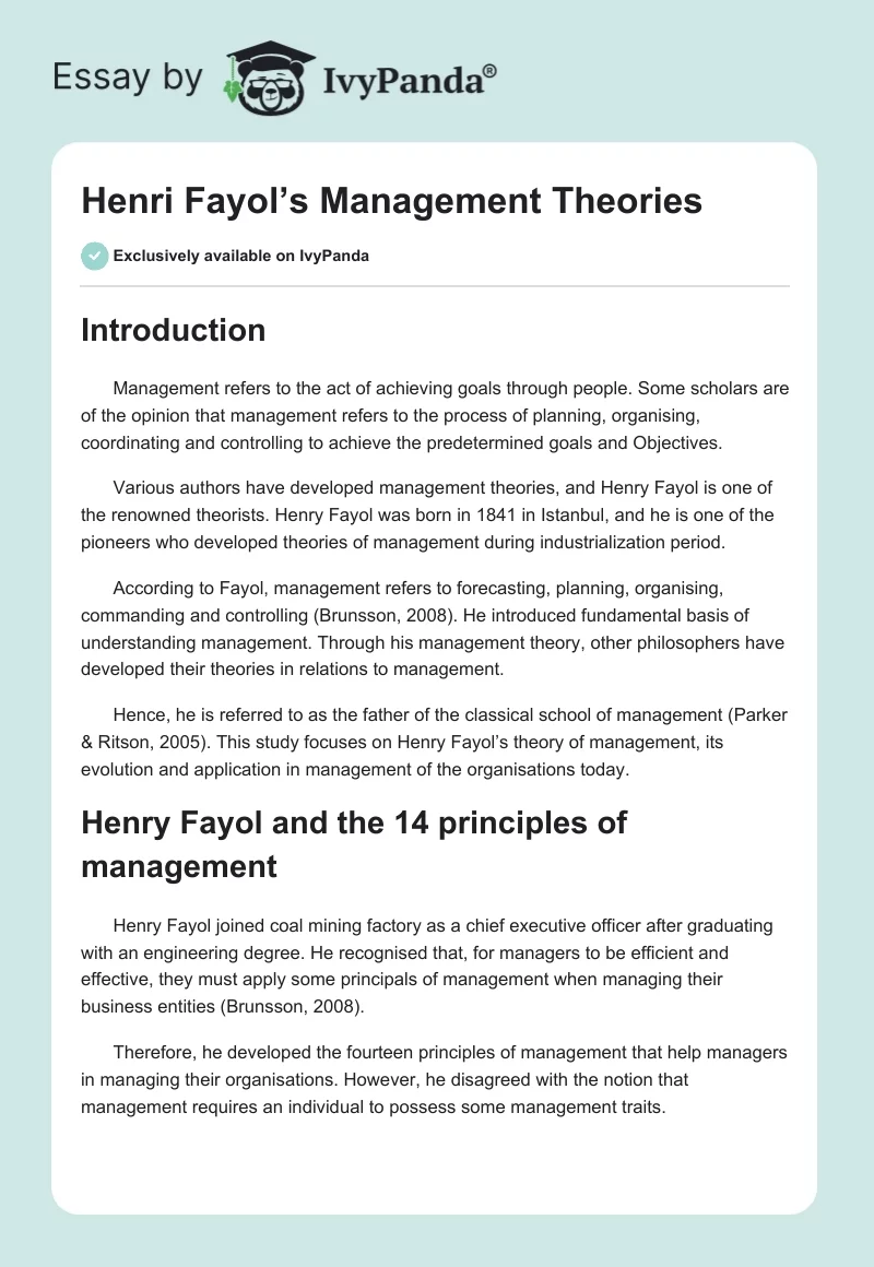Henri Fayol’s Management Theories. Page 1