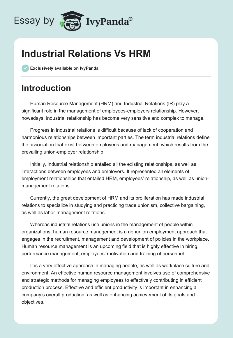 Industrial Relations Vs HRM. Page 1