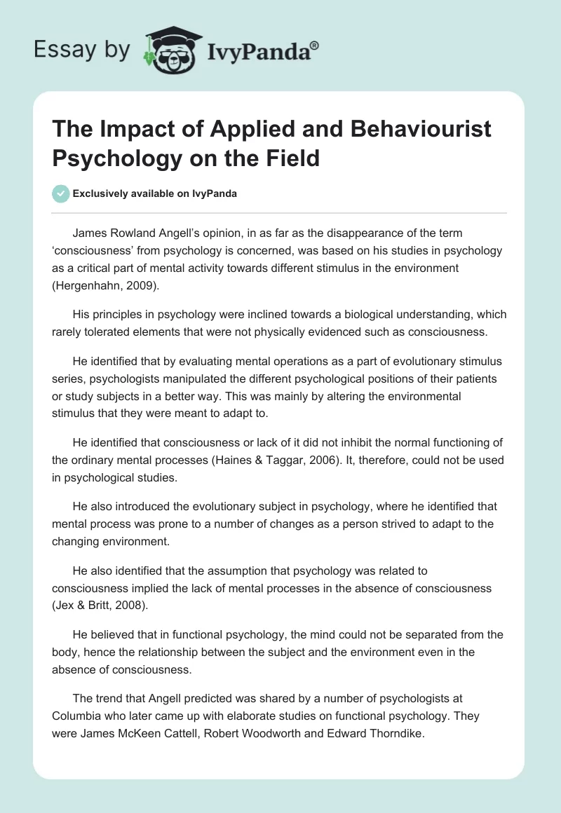 The Impact of Applied and Behaviourist Psychology on the Field. Page 1