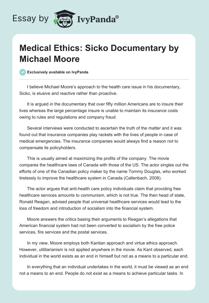 Medical Ethics: "Sicko" Documentary by Michael Moore. Page 1