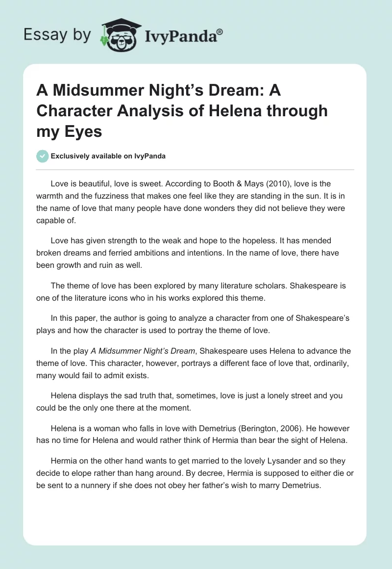 A Midsummer Night’s Dream: A Character Analysis of Helena Through My Eyes. Page 1