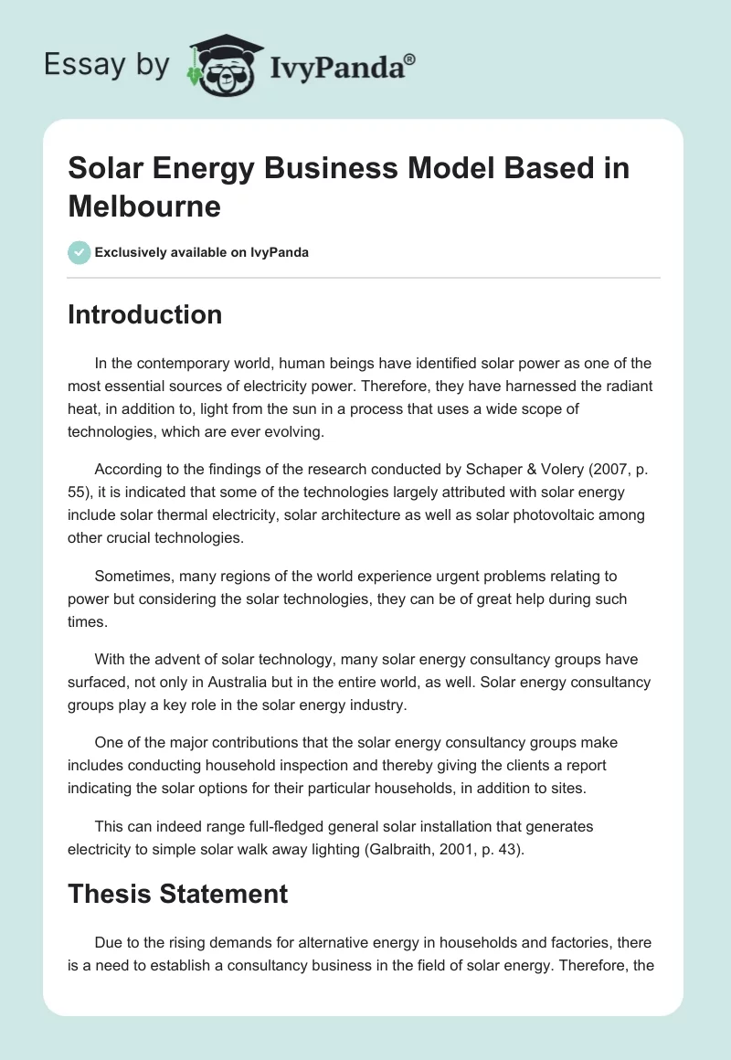 Solar Energy Business Model Based in Melbourne. Page 1