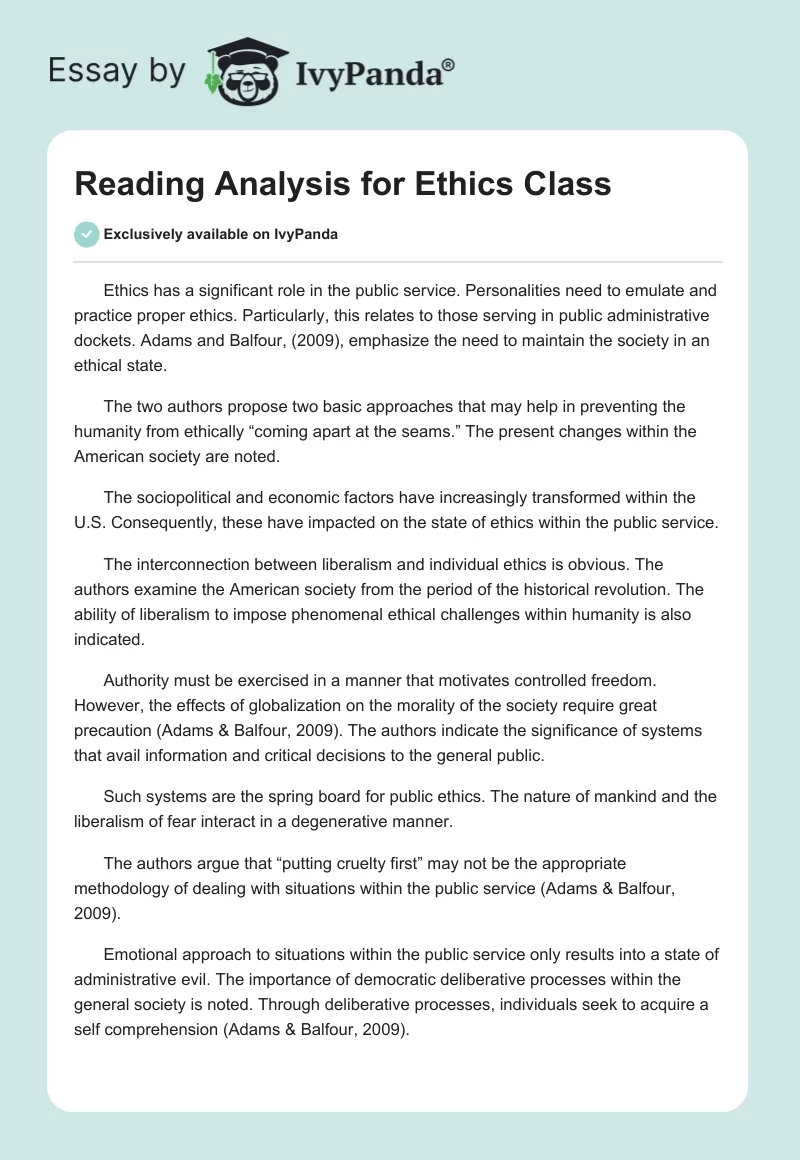 Reading Analysis for Ethics Class. Page 1