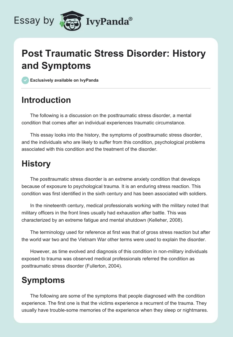 Post Traumatic Stress Disorder: History and Symptoms. Page 1