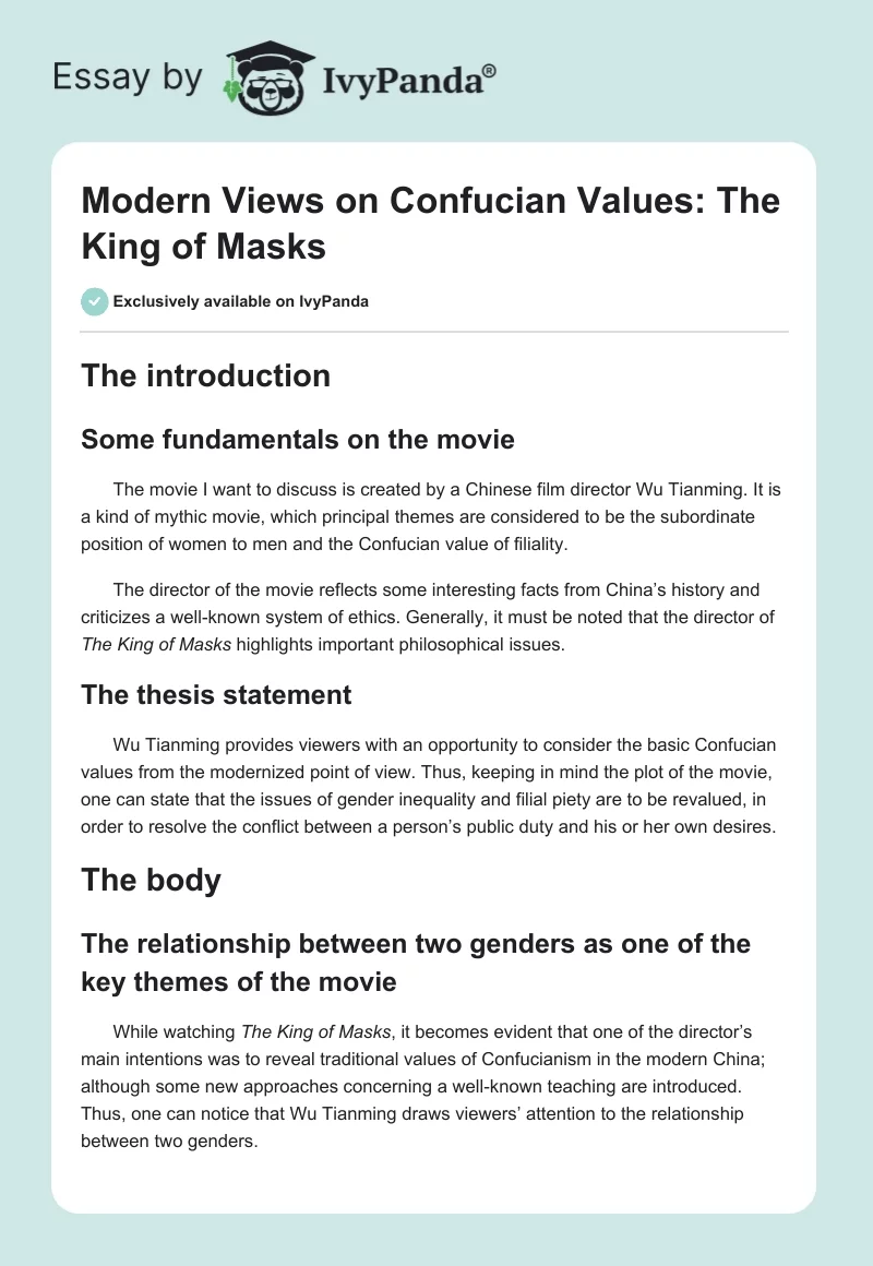 Modern Views on Confucian Values: "The King of Masks". Page 1