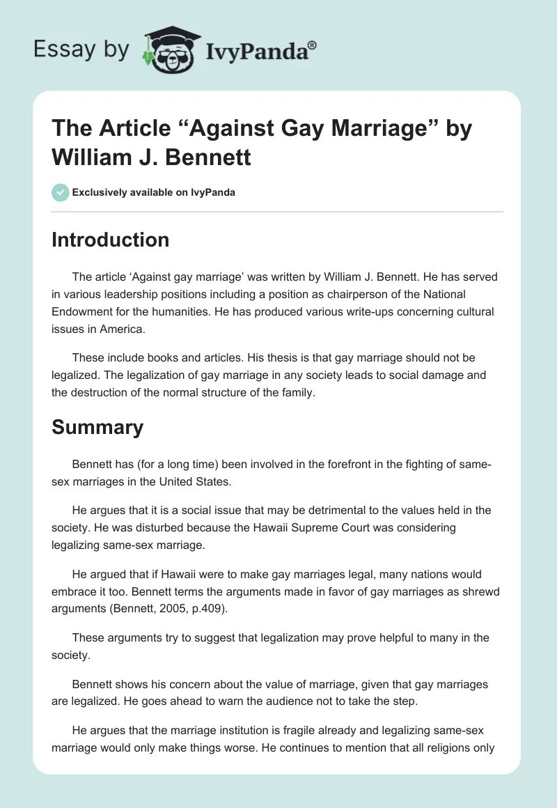 The Article “Against Gay Marriage” by William J. Bennett. Page 1