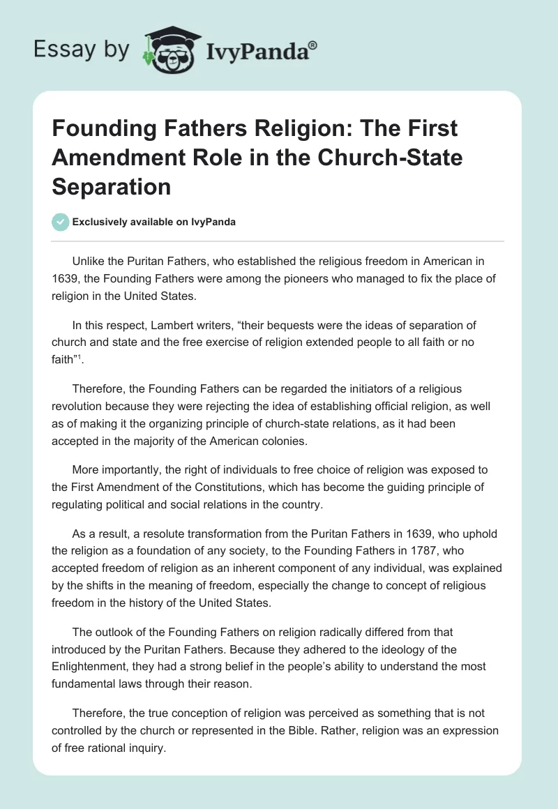 Founding Fathers Religion: The First Amendment Role in the Church-State Separation. Page 1
