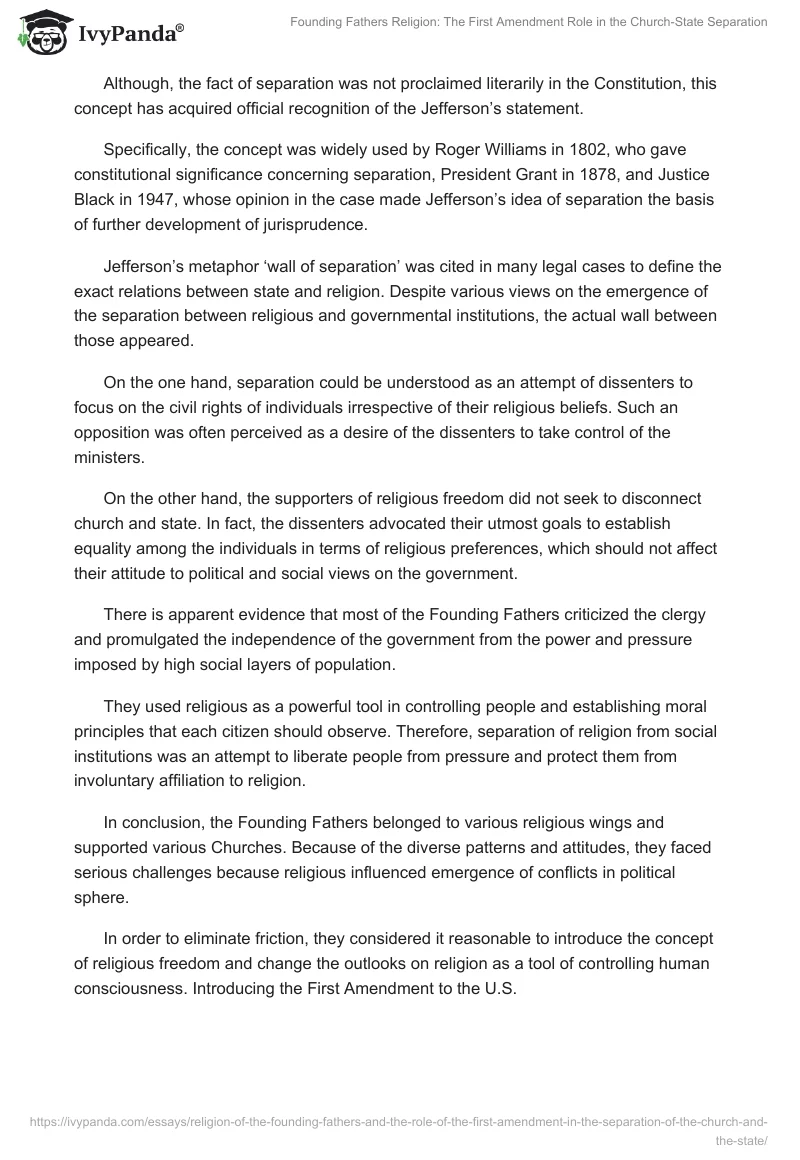Founding Fathers Religion: The First Amendment Role in the Church-State Separation. Page 4