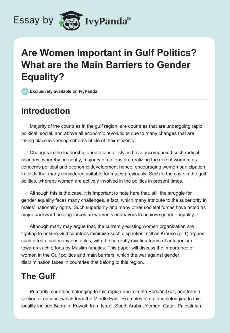 Are Women Important in Gulf Politics? What are the Main Barriers to Gender Equality?. Page 1