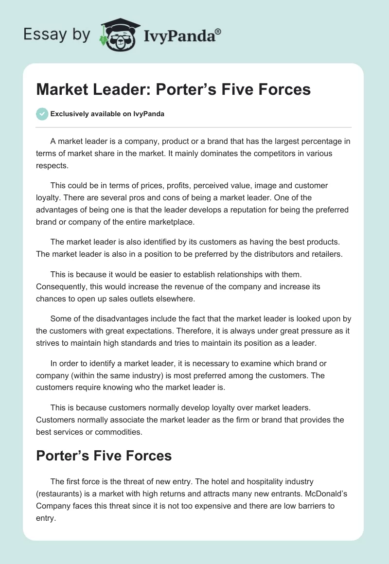 Market Leader: Porter’s Five Forces. Page 1