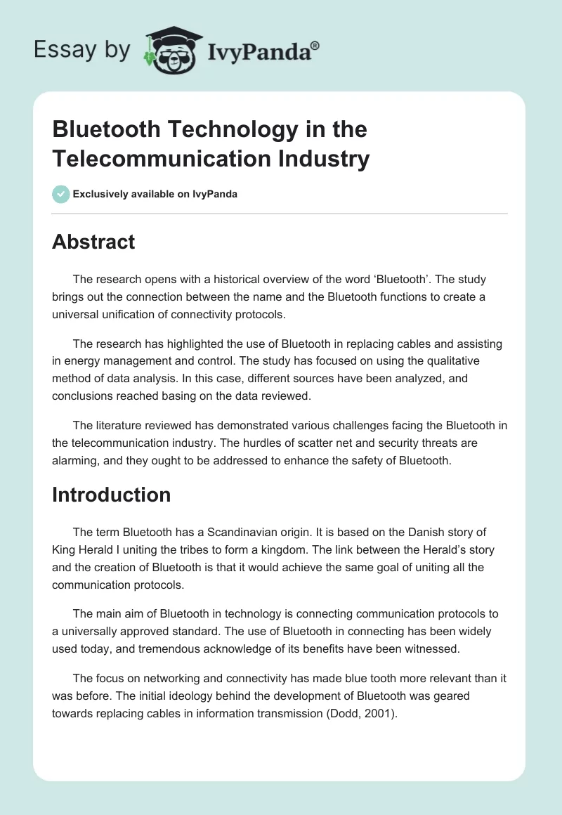 Bluetooth Technology in the Telecommunication Industry. Page 1