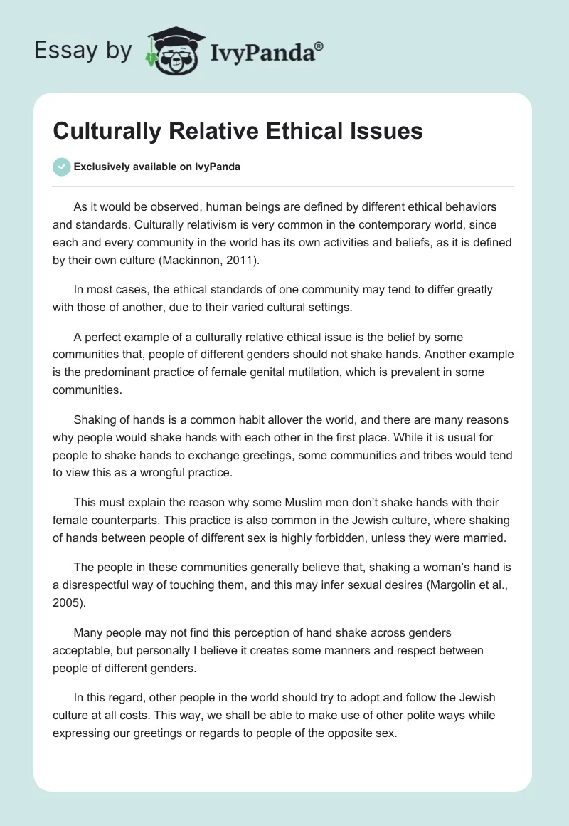 Culturally Relative Ethical Issues. Page 1