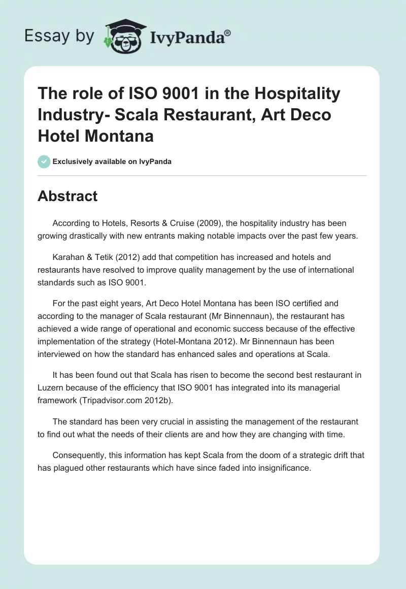 The role of ISO 9001 in the Hospitality Industry- Scala Restaurant, Art Deco Hotel Montana. Page 1