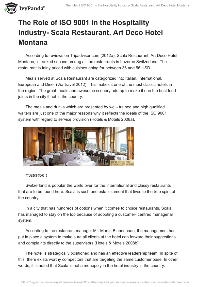 The role of ISO 9001 in the Hospitality Industry- Scala Restaurant, Art Deco Hotel Montana. Page 2