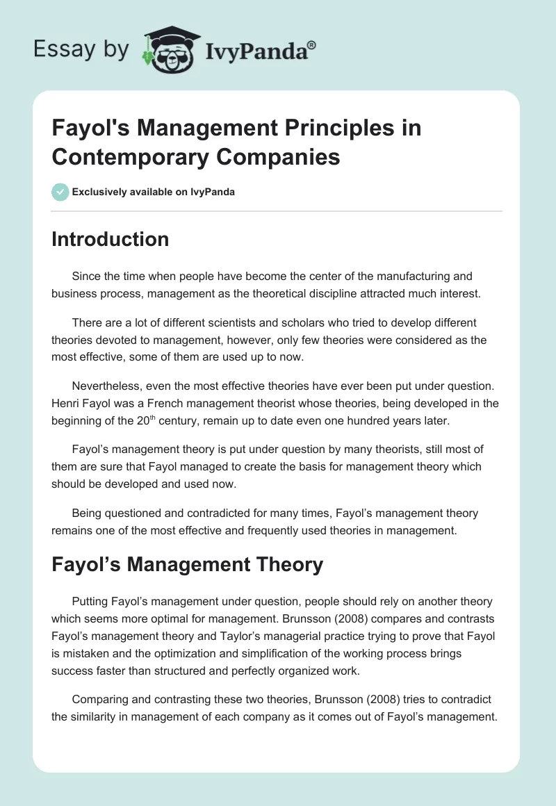Fayol's Management Principles in Contemporary Companies. Page 1