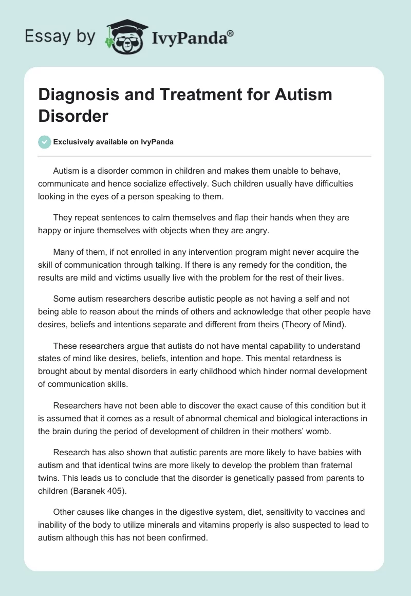 Diagnosis and Treatment for Autism Disorder. Page 1