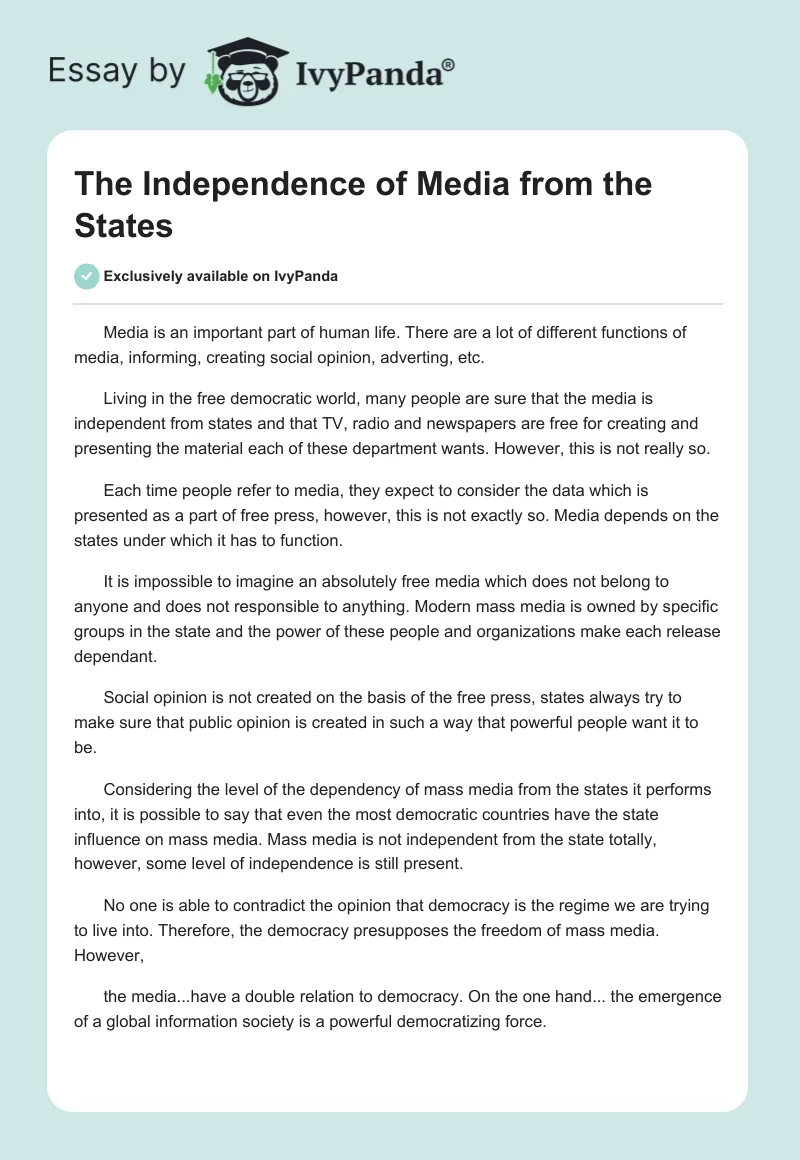 The Independence of Media from the States. Page 1