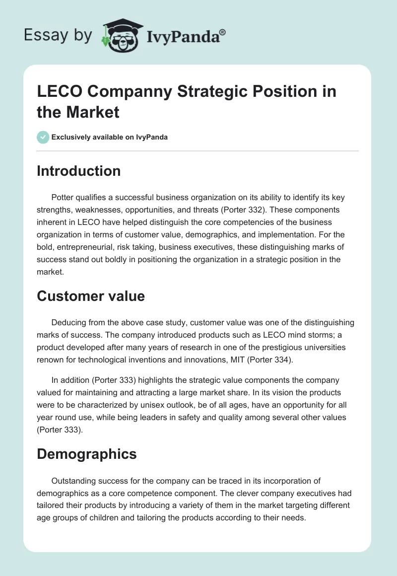 LECO Companny Strategic Position in the Market. Page 1