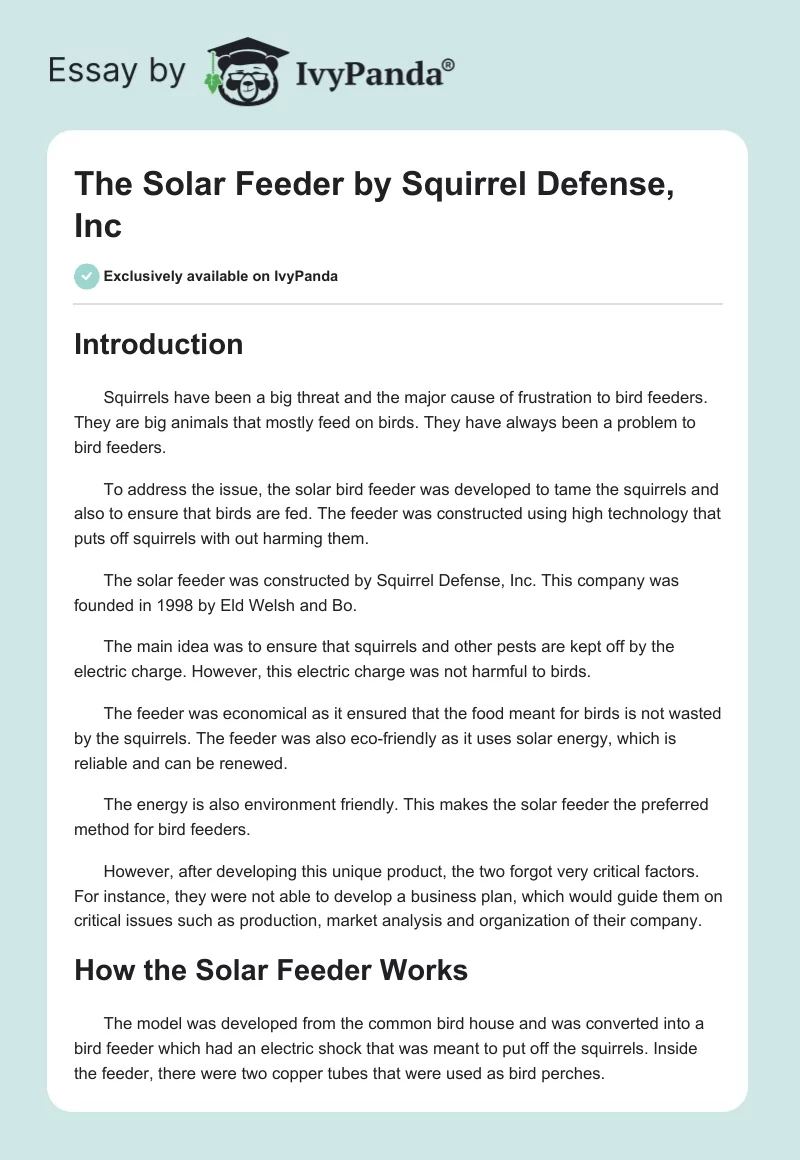 The Solar Feeder by Squirrel Defense, Inc. Page 1