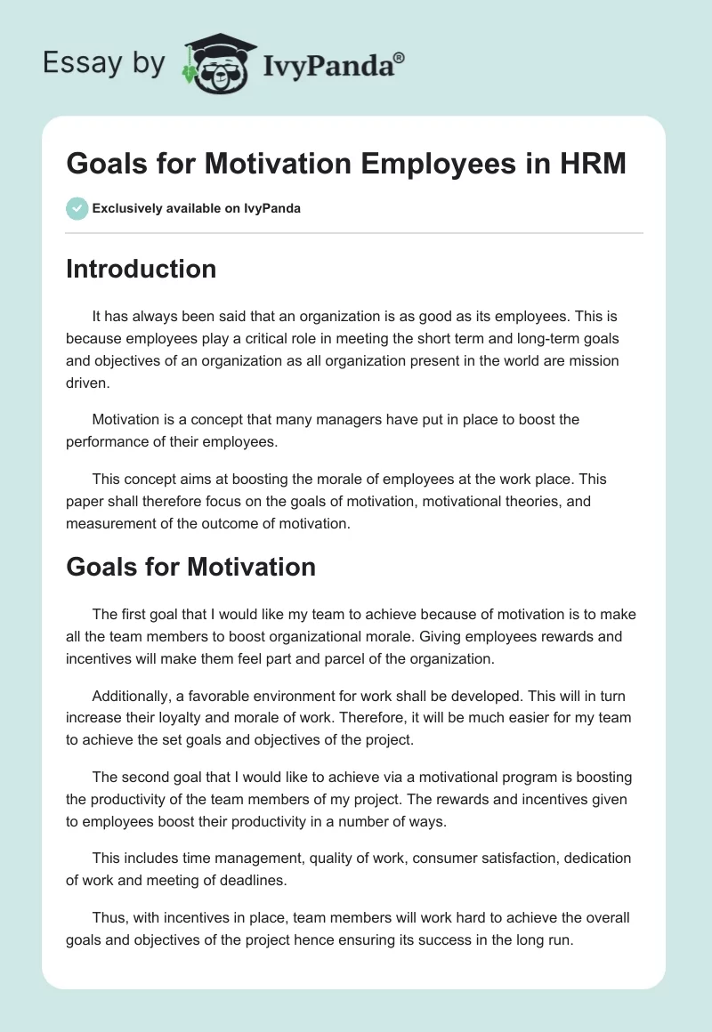 Goals for Motivation Employees in HRM. Page 1
