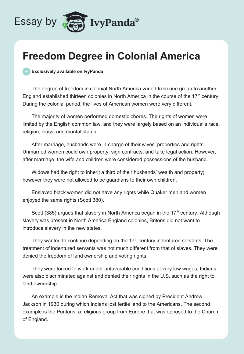 Freedom Degree in Colonial America. Page 1