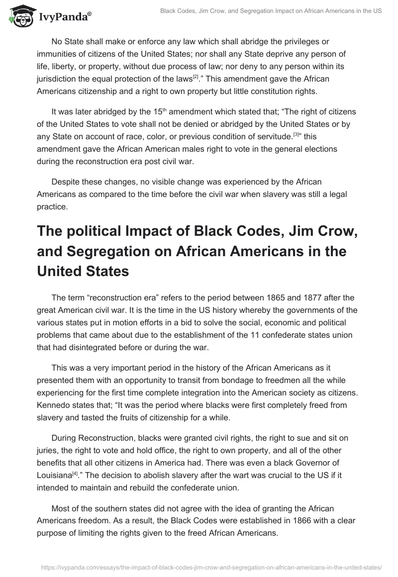 Black Codes, Jim Crow, and Segregation Impact on African Americans in the US. Page 2