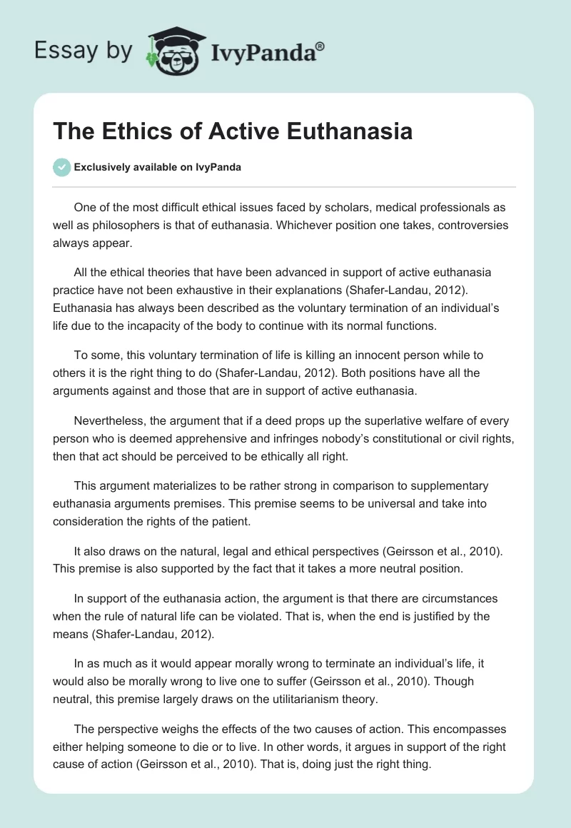 The Ethics of Active Euthanasia. Page 1