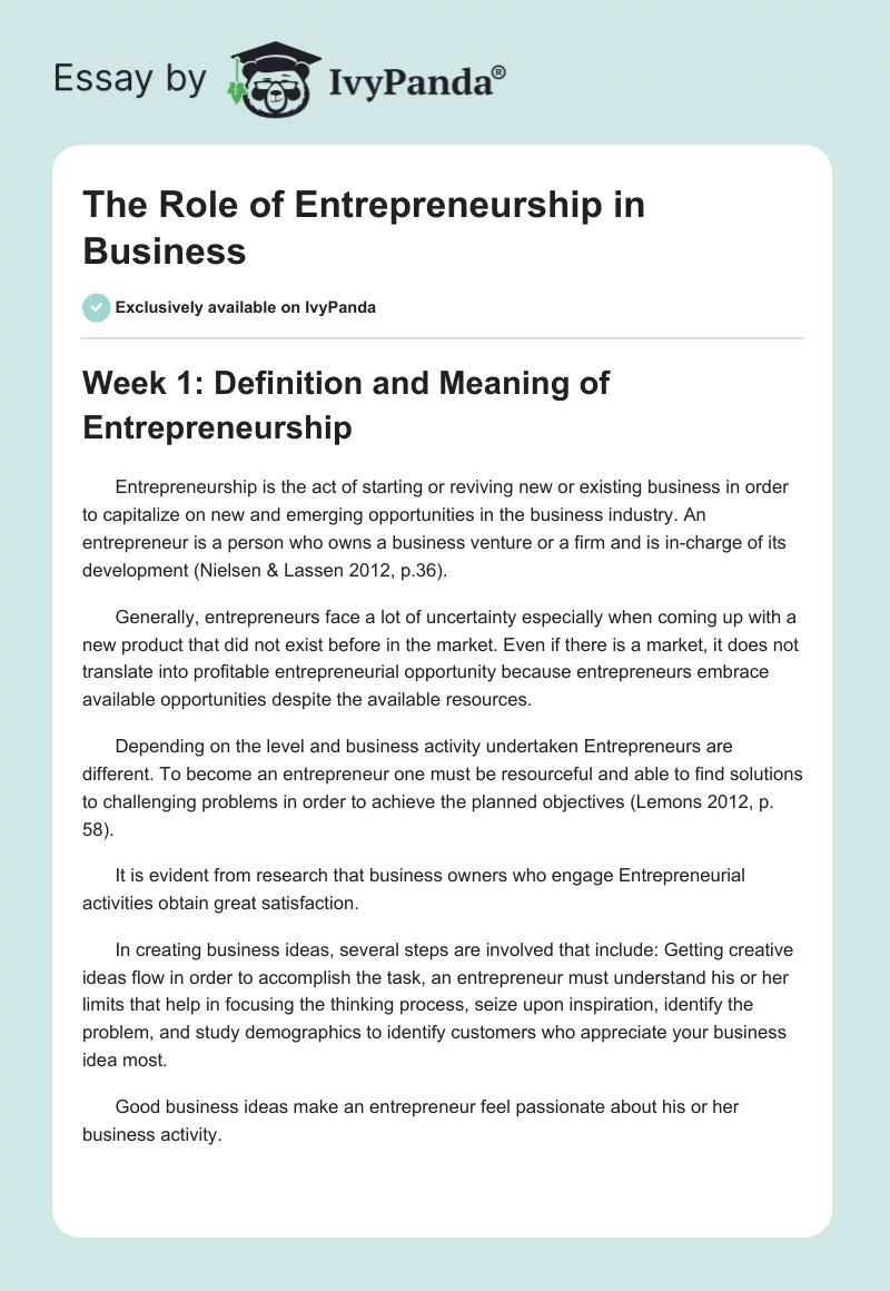 The Role of Entrepreneurship in Business. Page 1