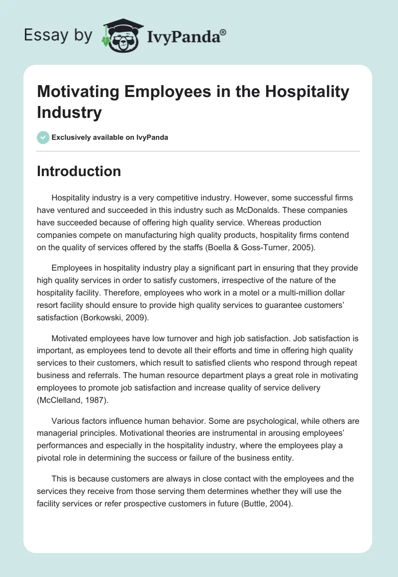Motivating Employees in the Hospitality Industry. Page 1