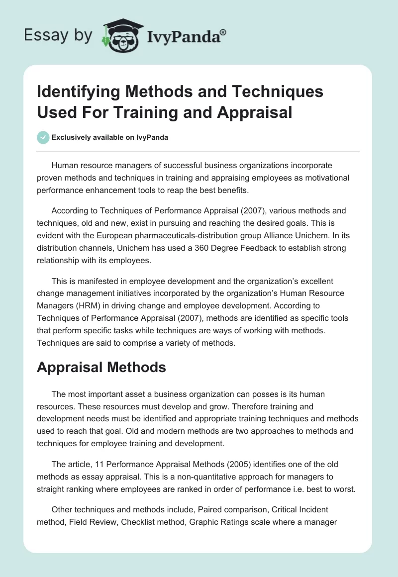 Identifying Methods and Techniques Used For Training and Appraisal. Page 1