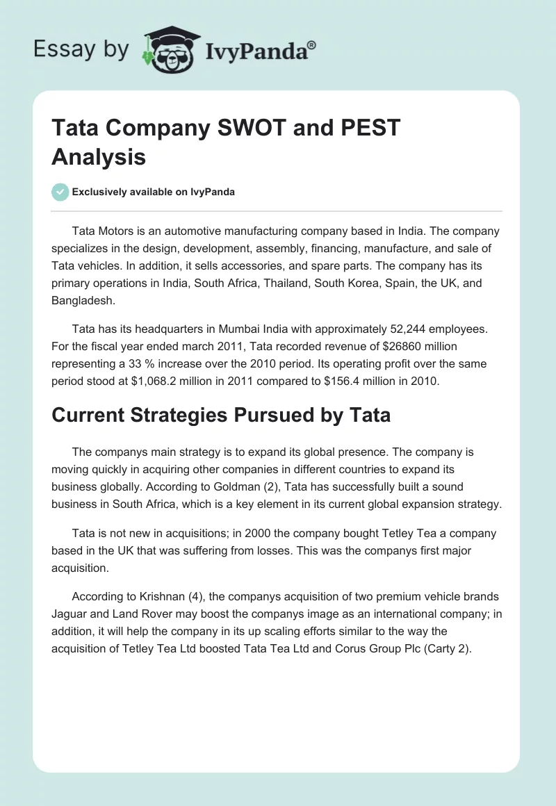 Tata Company SWOT and PEST Analysis. Page 1