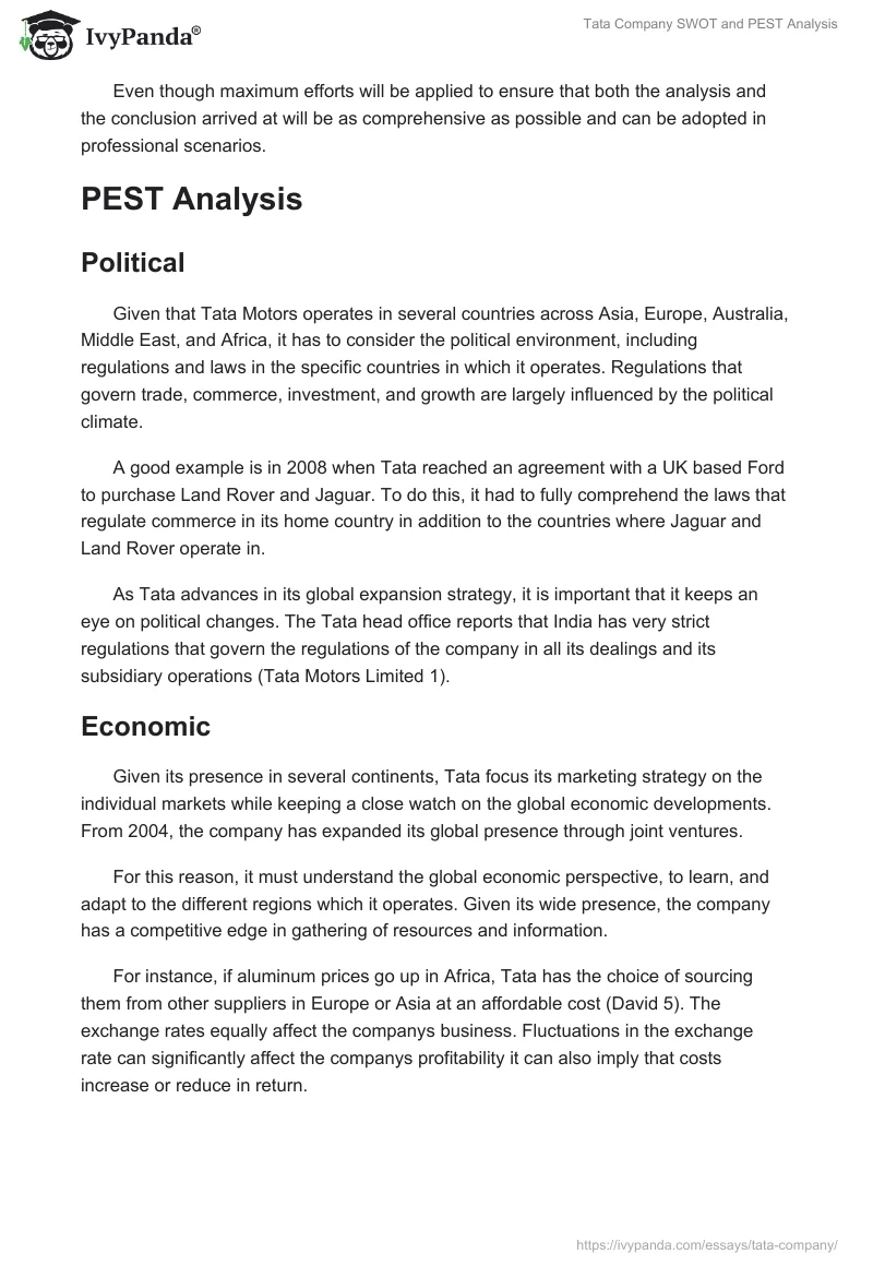 Tata Company SWOT and PEST Analysis. Page 3