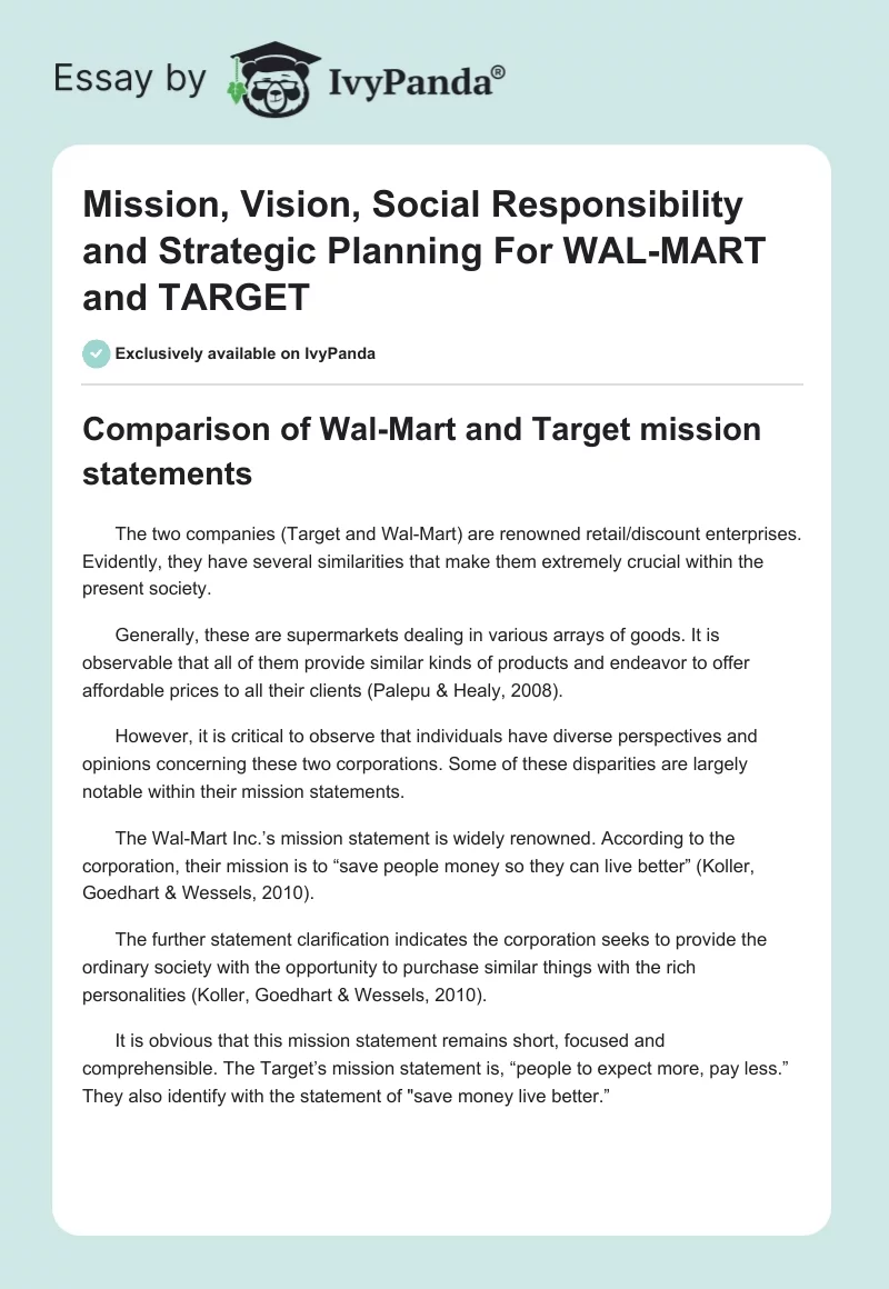 Mission, Vision, Social Responsibility and Strategic Planning For WAL-MART and TARGET. Page 1