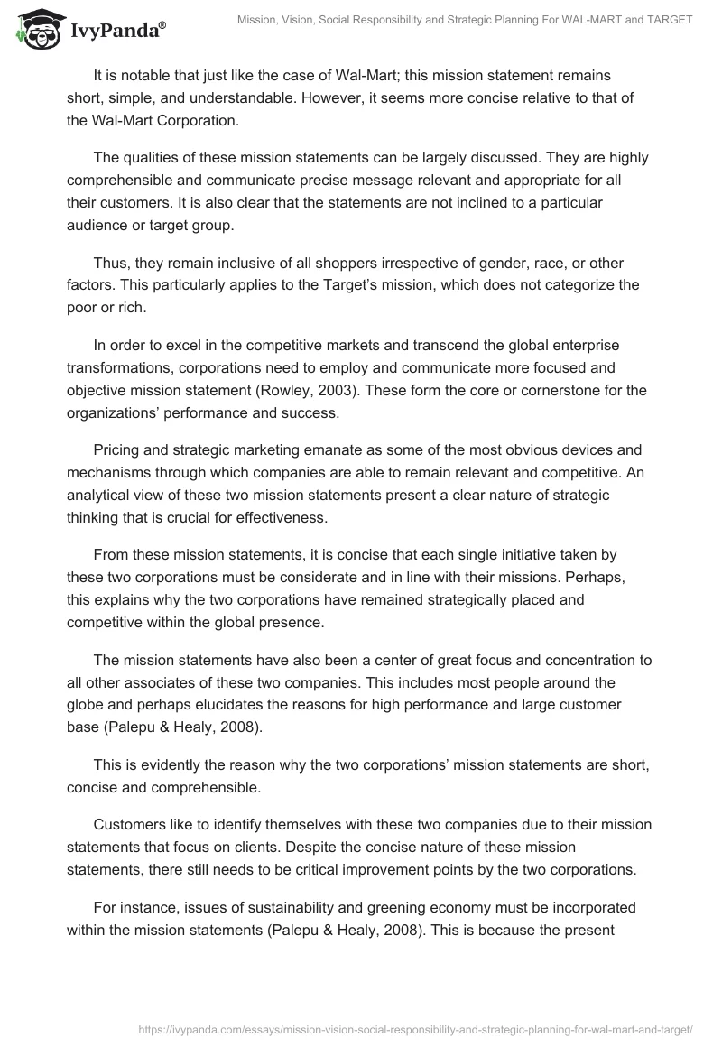 Mission, Vision, Social Responsibility and Strategic Planning For WAL-MART and TARGET. Page 2