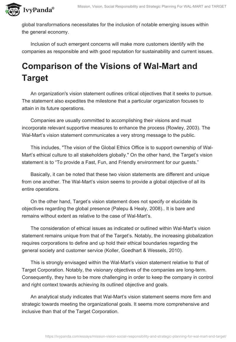 Mission, Vision, Social Responsibility and Strategic Planning For WAL-MART and TARGET. Page 3