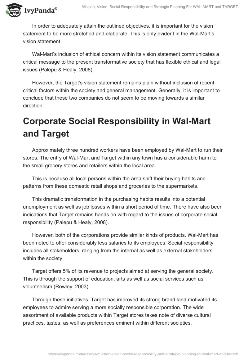 Mission, Vision, Social Responsibility and Strategic Planning For WAL-MART and TARGET. Page 4
