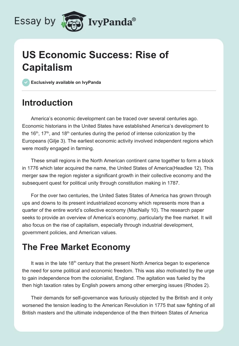 US Economic Success: Rise of Capitalism. Page 1