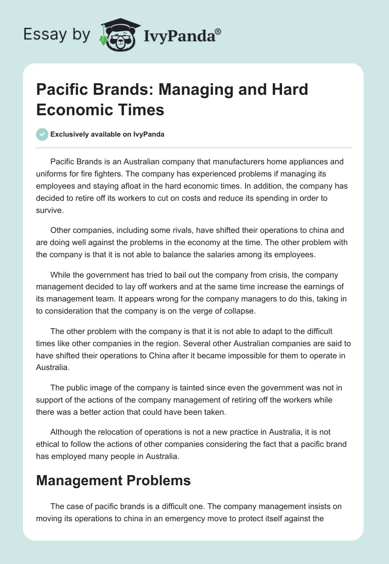 Pacific Brands: Managing and Hard Economic Times. Page 1