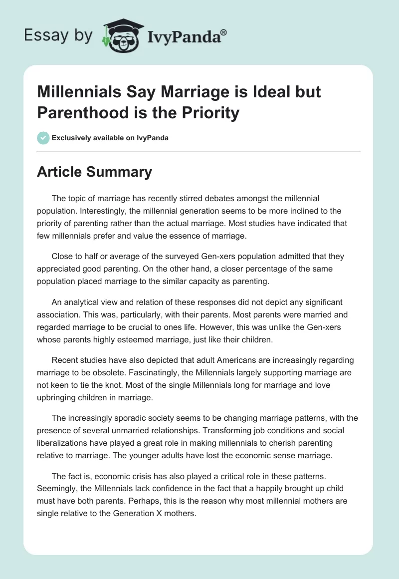 Millennials Say Marriage is Ideal but Parenthood is the Priority. Page 1