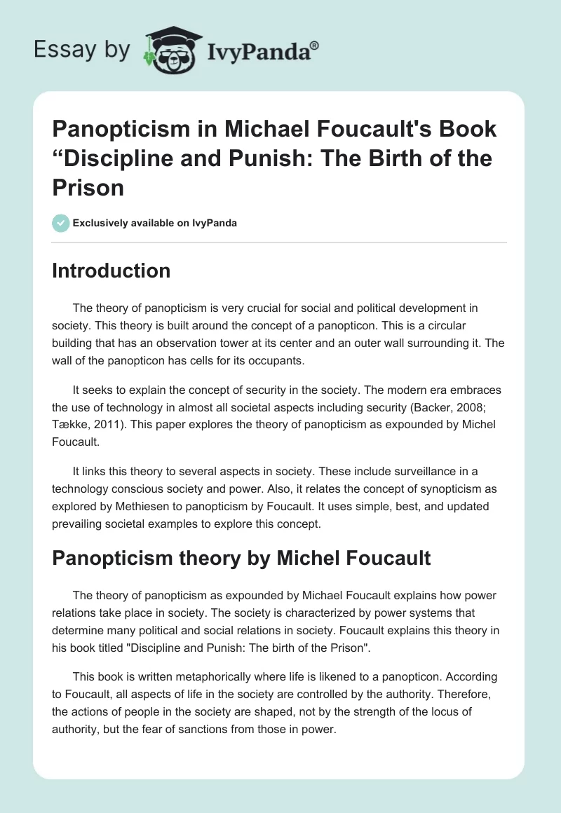 Panopticism in Michael Foucault's Book “Discipline and Punish: The Birth of the Prison". Page 1