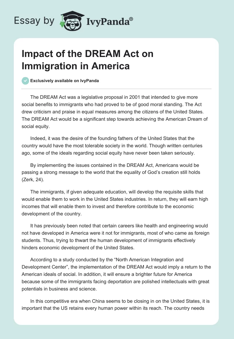 Impact of the DREAM Act on Immigration in America. Page 1