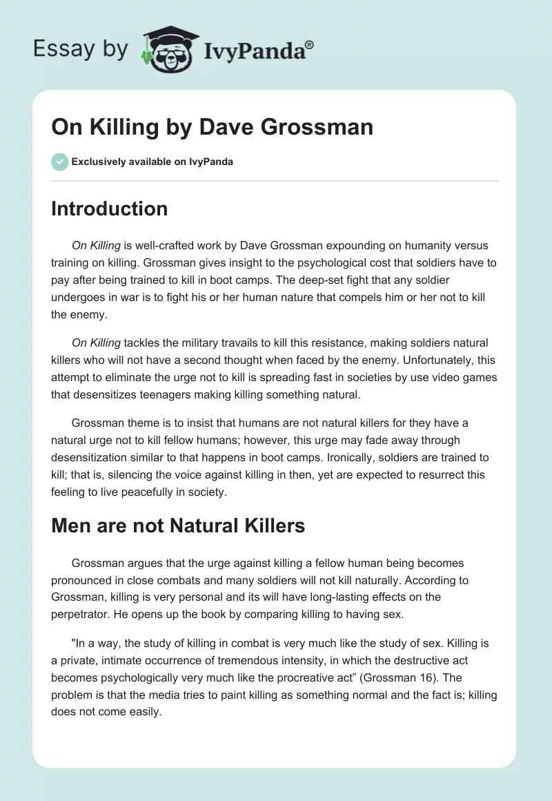 "On Killing" by Dave Grossman. Page 1