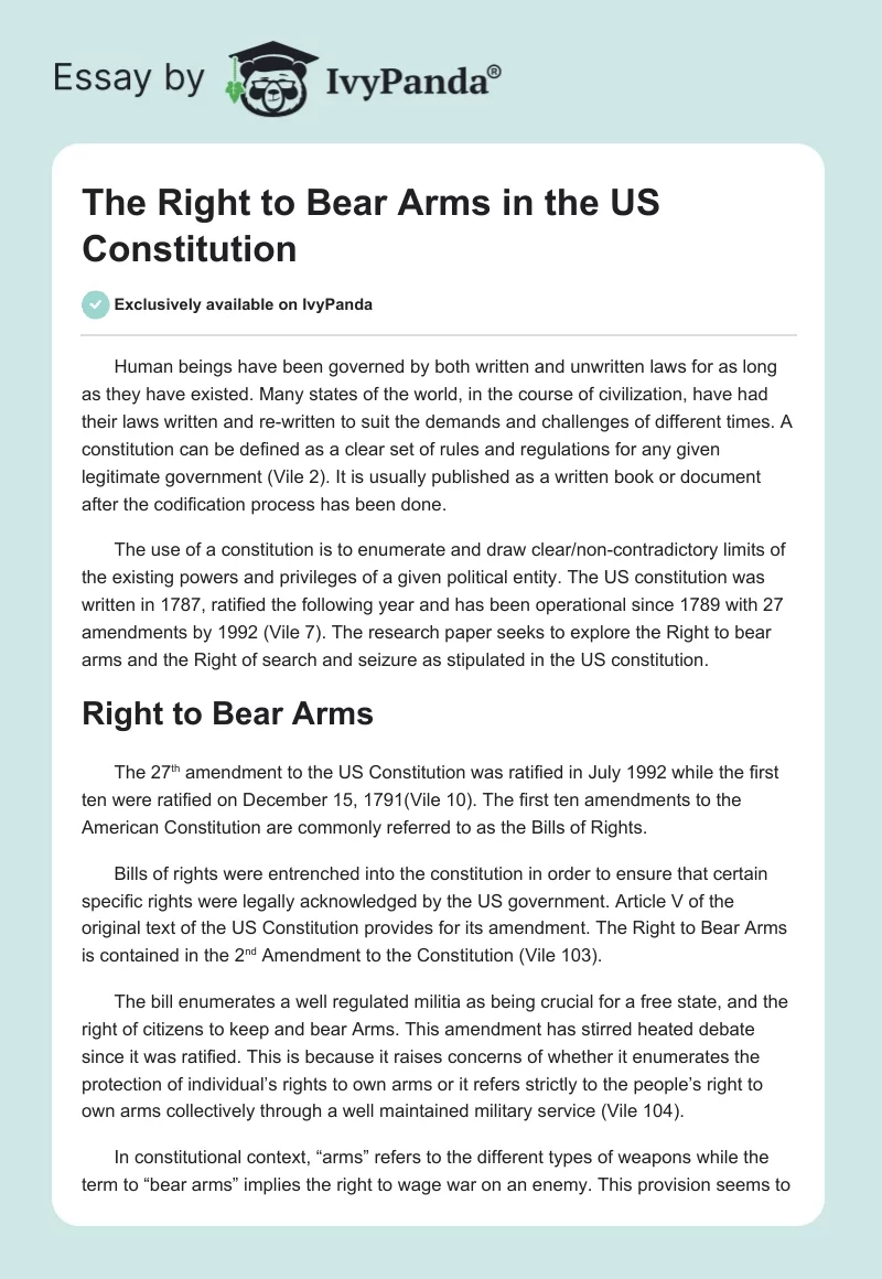 The Right to Bear Arms in the US Constitution. Page 1