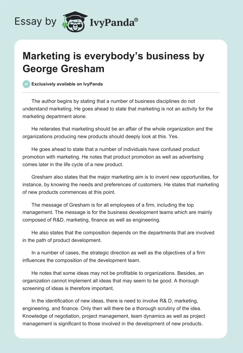 Marketing is everybody’s business by George Gresham. Page 1